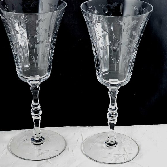 2 Seneca Elegant Optic Cut Floral Vines Wine Goblets 8" vintage stem leaves - Picture 6 of 14